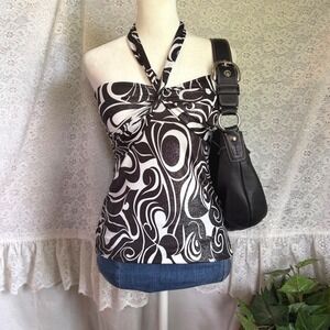 Kiwi Y2K Halter Top Black White Swirl Psychedelic Glitter Metallic Keyhole Neck